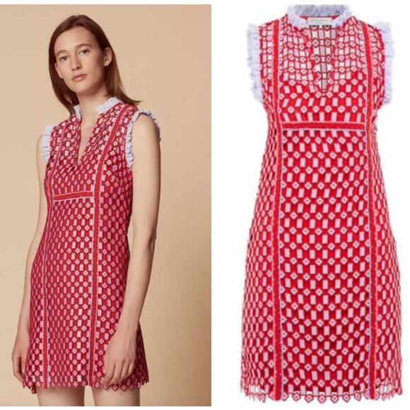 SANDRO Anaele Crochet Lace Ruffle Dress Red Purple {FF27} - Picture 1 of 8